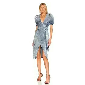 NEW Retrofete Zelda Wrap Dress Sienna Blue Denim V-Neck Puff Sleeve Sz XS